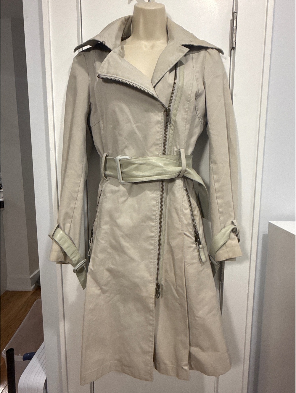 Mackage Beige Leather Trim Trench Coat with Plaid Lining